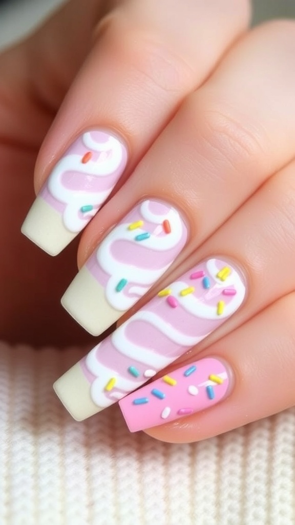 Ice Cream Inspired Nail Art Colorful ice cream-inspired nail art with pastel colors and sprinkles.